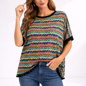 Anthropologie KAS New York Zig Zag Pom Pom Boho Top Women's Medium Multicolor